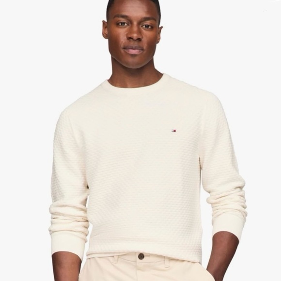 Tommy Hilfiger Waffle Knit Crewneck Sweater Lightweight Pullover Ivory Mens S - Picture 1 of 5